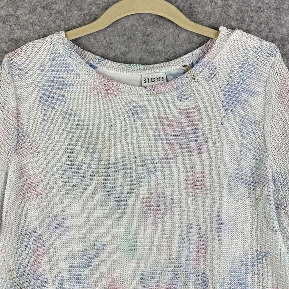 SIONI Pullover Sweater Womens L Butterfly Floral Knit Chiffon Layered Split Back - Picture 2 of 11